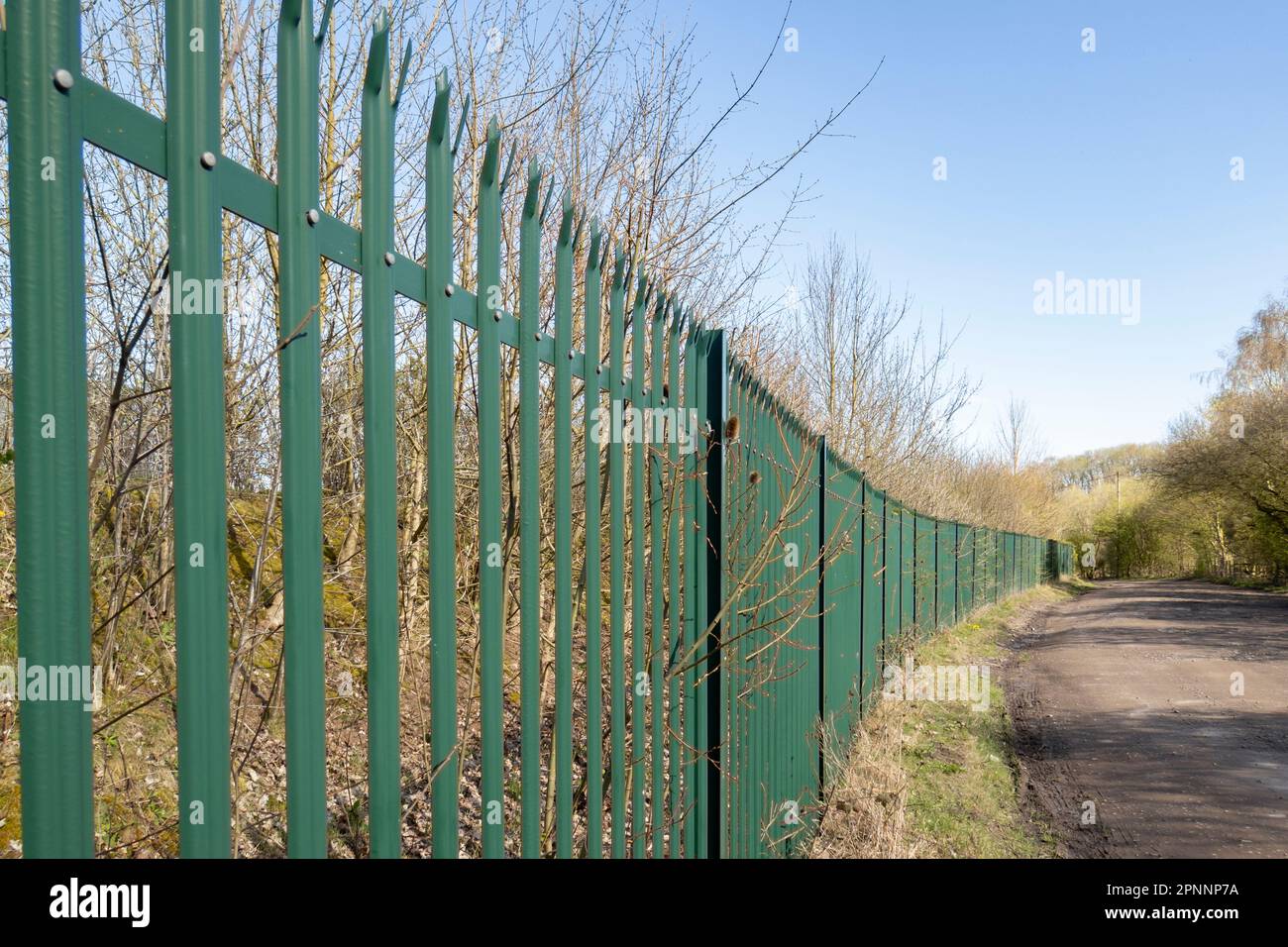 Palissade vert sécurité clôture contre un ciel bleu vif Banque D'Images