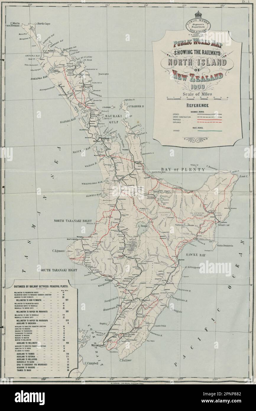 Chemins de fer de Nouvelle-Zélande de l'île du Nord. Ouvrir la carte proposée explorée en cours 1909 Banque D'Images