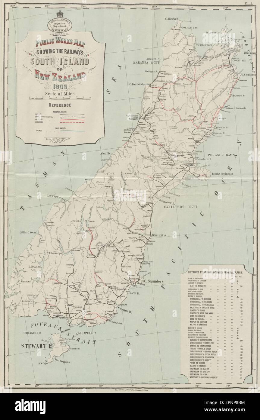 Chemins de fer de Nouvelle-Zélande de l'île du Sud. Ouvrir la carte proposée explorée en cours 1909 Banque D'Images
