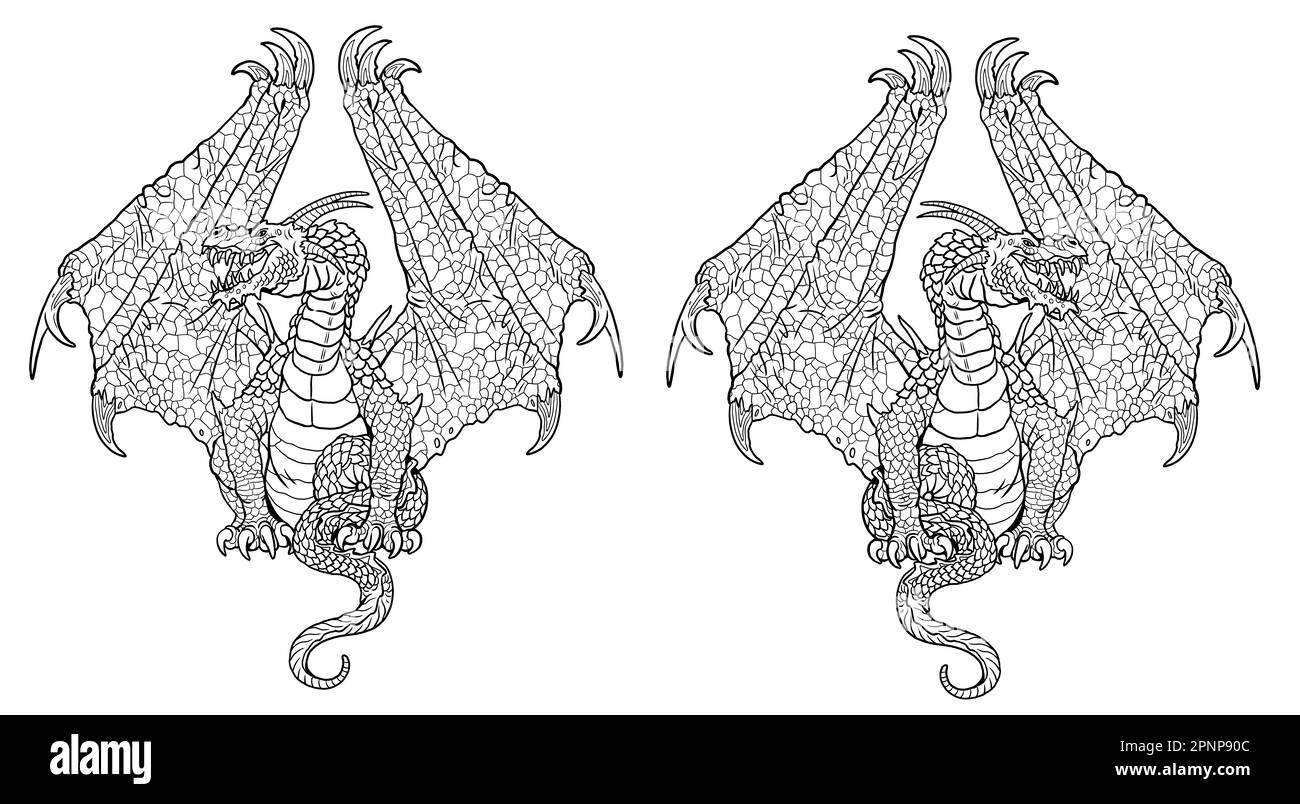 Page de coloriage Dragon. Illustration de fantaisie avec créature mythique. Feuille de coloriage de dessin Dragon. Banque D'Images