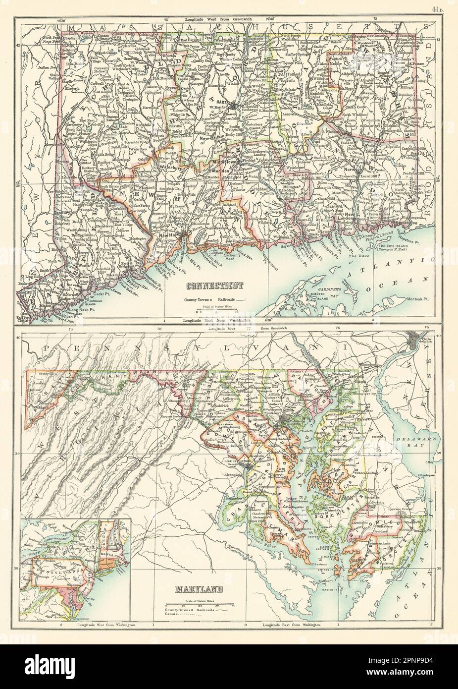 Cartes des États du Connecticut et du Maryland montrant les comtés. BARTHOLOMÉE 1898 ans Banque D'Images
