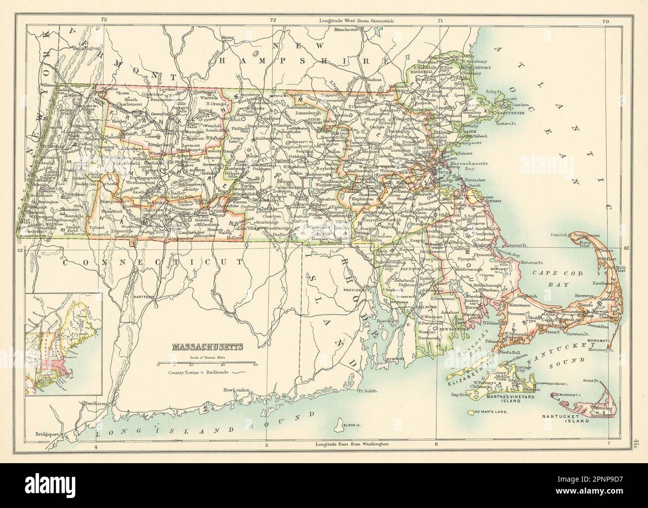 Carte de l'état du Massachusetts montrant les comtés. BARTHOLOMEW 1898 vieux antique Banque D'Images