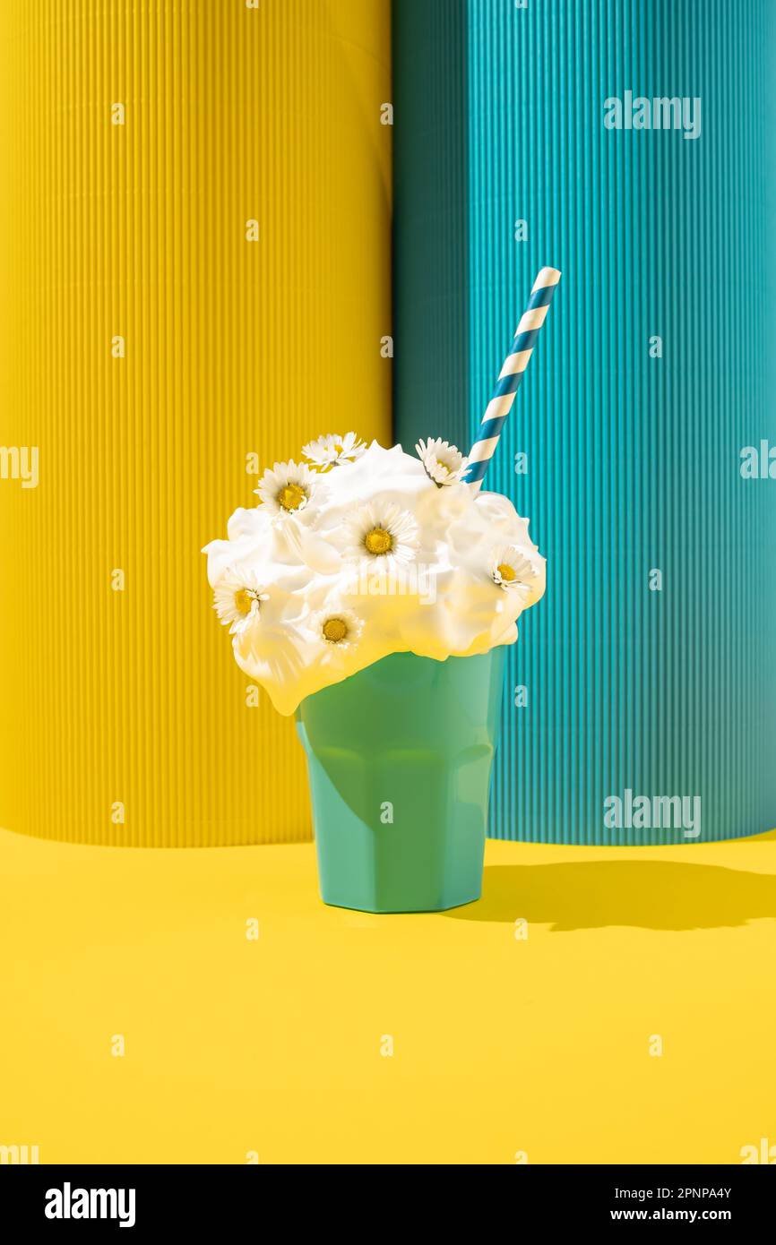 Milk-Shake crémeux aux fleurs de Marguerite et paille de papier sur fond jaune et bleu. Banque D'Images