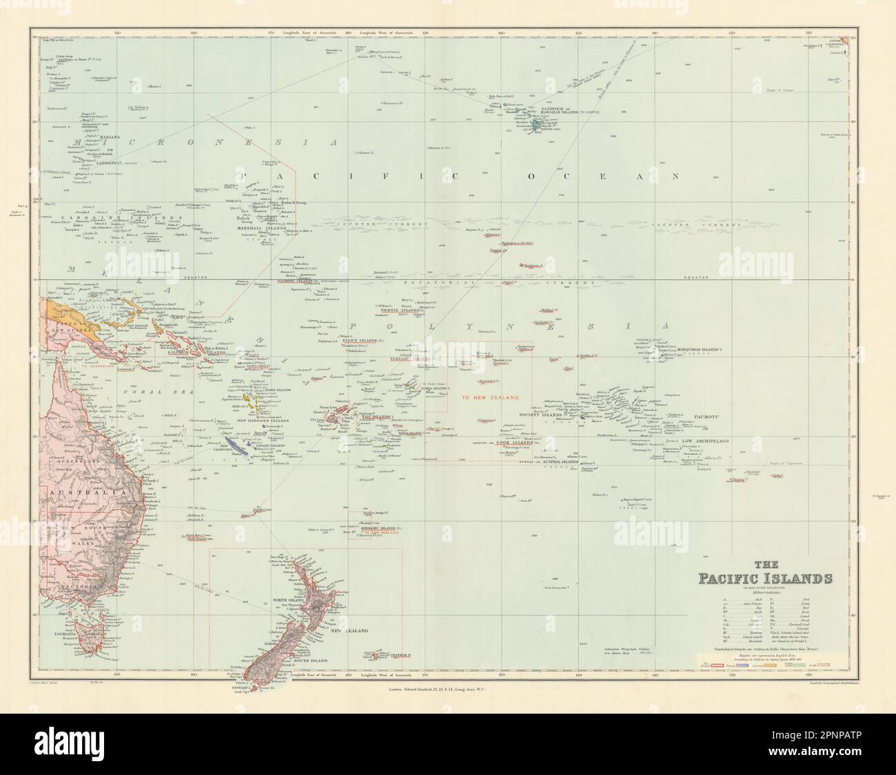 Îles du Pacifique. Mélanésie Polynésie Micronésie. Hawaï. STANFORD 1904 vieille carte Banque D'Images