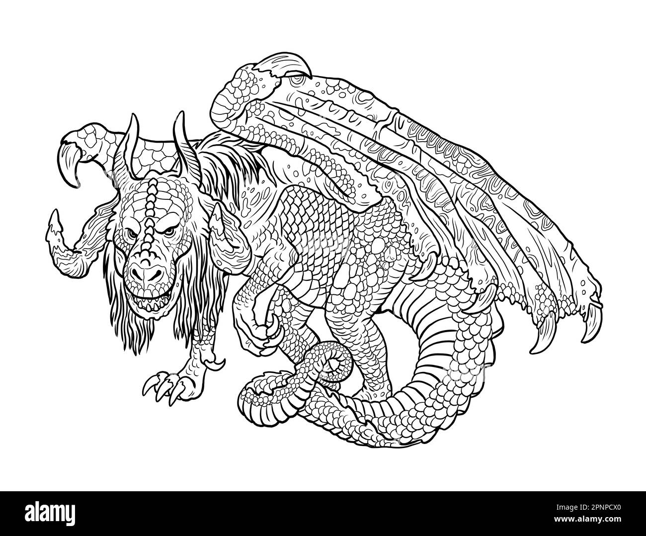 Page de coloriage Dragon. Illustration de fantaisie avec créature mythique. Feuille de coloriage de dessin Dragon. Banque D'Images