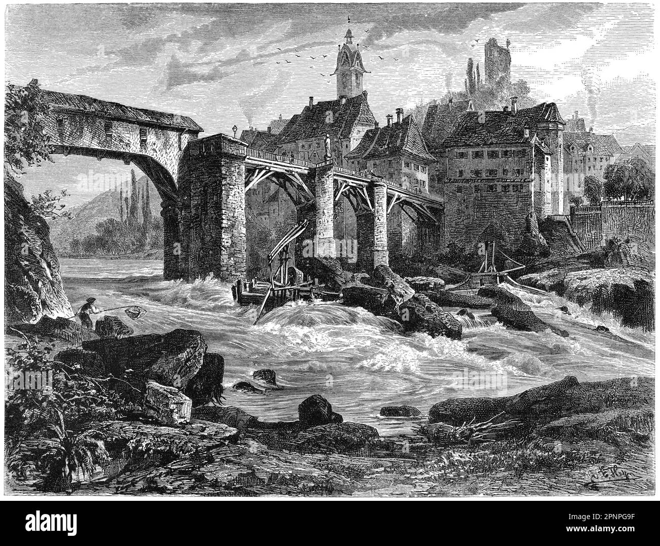 Laufenburg est une commune suisse du canton d'Argovie. Gravure d'époque du livre 'Schweiz' de Woldemar Kadens / Carl von Friesen, 1882. Banque D'Images