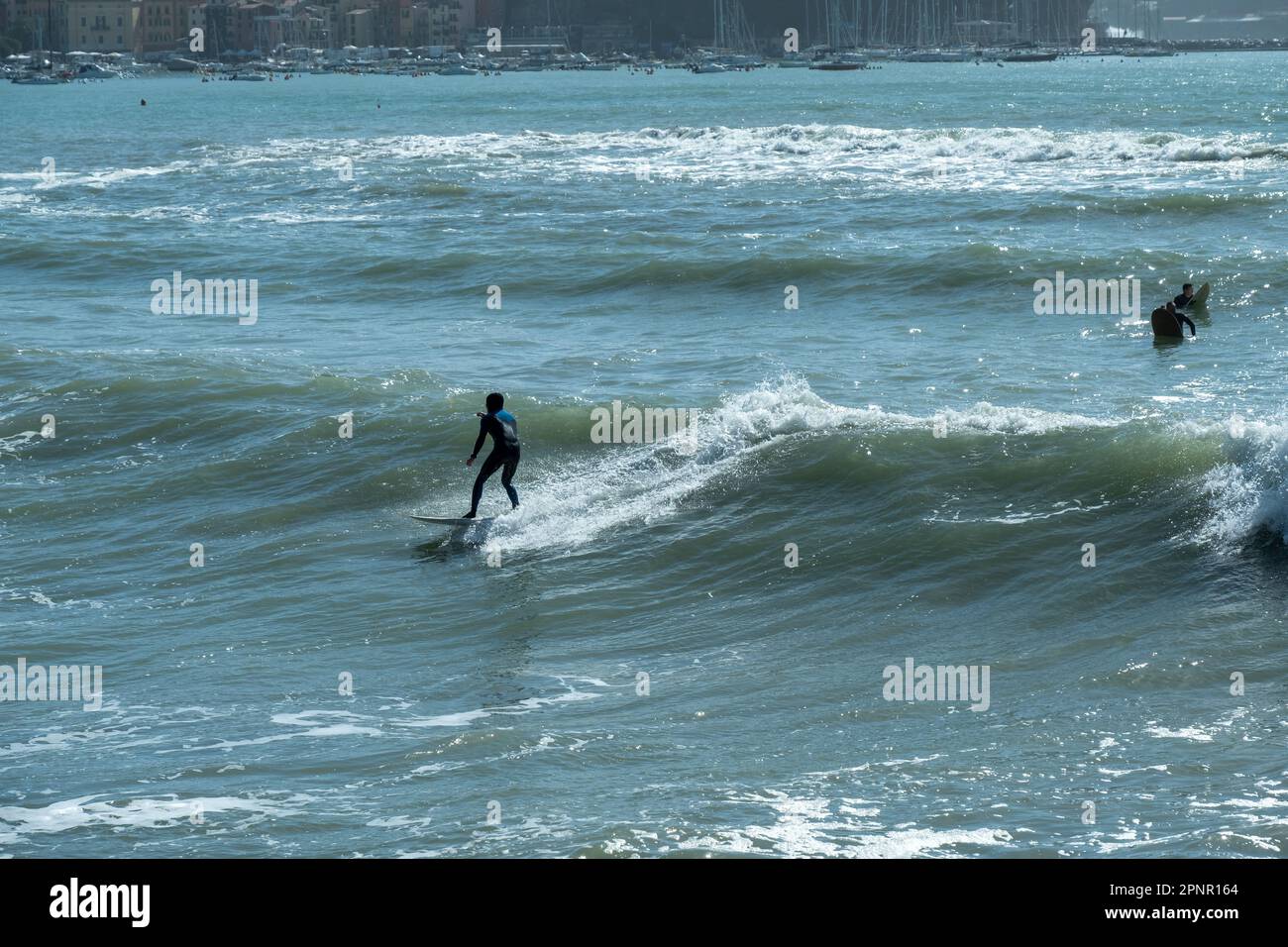 Trois surfeurs surfent à Golfo dei Poeti, (Golfe des poètes), Ligurie, Italie Banque D'Images