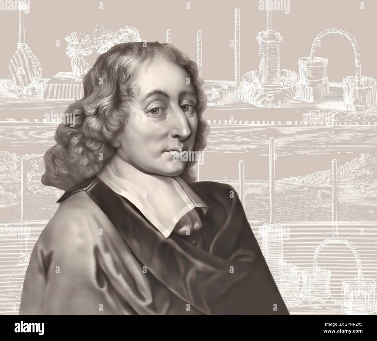 Portrait de Blaise Pascal avec une page de Traitez de l'équilibre des liqueurs, et de la pesanteur de la masse de l'air, 1663 Banque D'Images