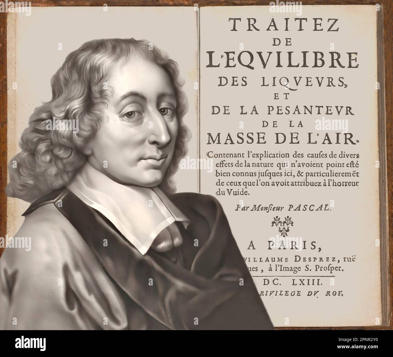 Portrait de Blaise Pascal avec une page de Traitez de l'équilibre des liqueurs, et de la pesanteur de la masse de l'air, 1663 Banque D'Images