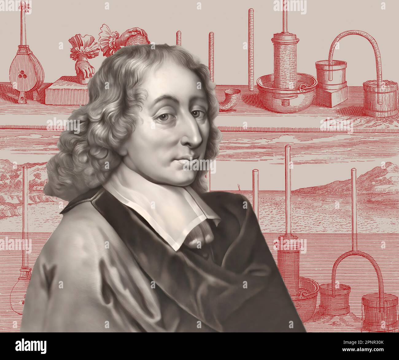 Portrait de Blaise Pascal avec une page de Traitez de l'équilibre des liqueurs, et de la pesanteur de la masse de l'air, 1663 Banque D'Images