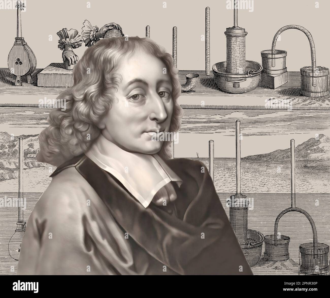 Portrait de Blaise Pascal avec une page de Traitez de l'équilibre des liqueurs, et de la pesanteur de la masse de l'air, 1663 Banque D'Images