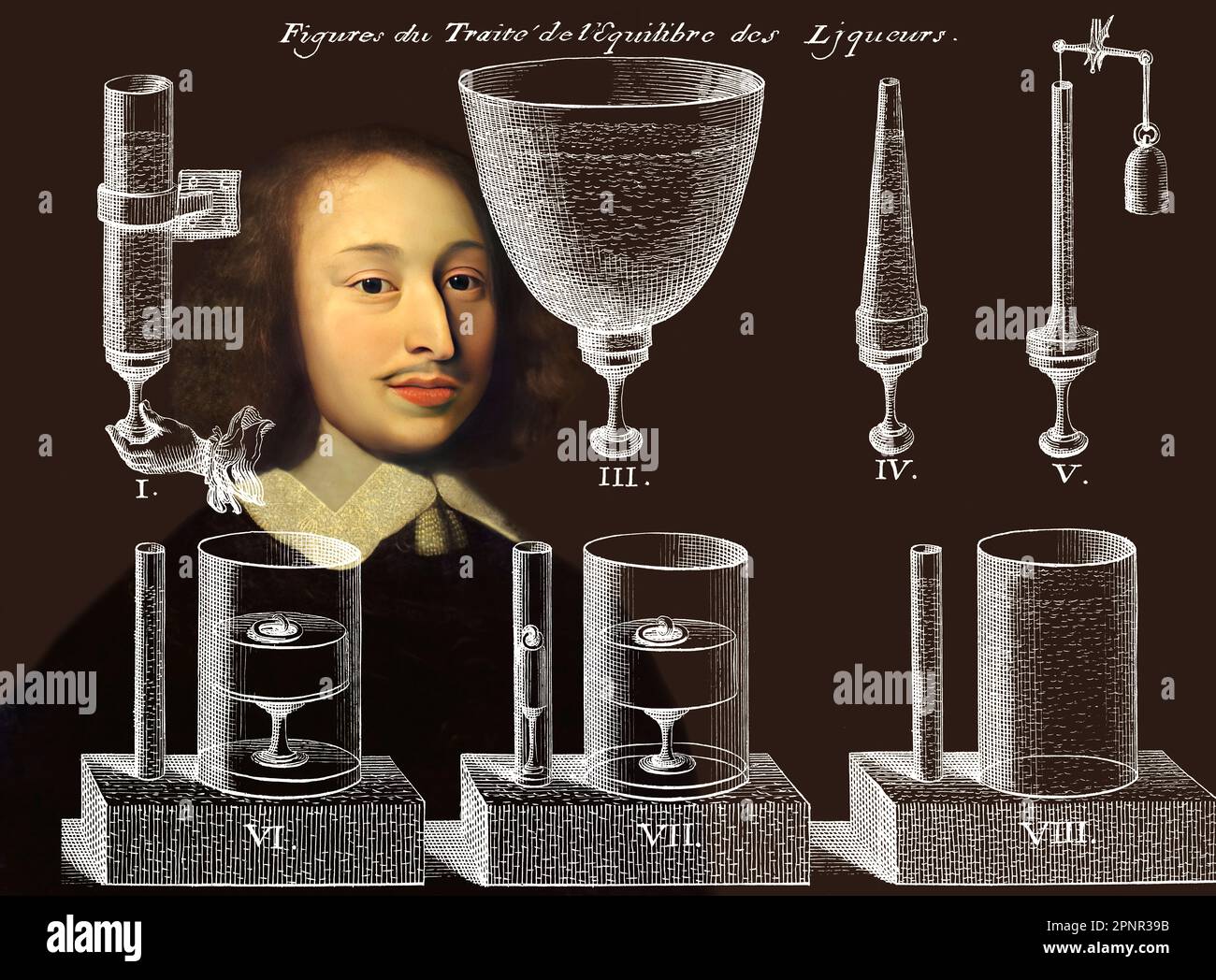 Portrait de Blaise Pascal avec une page de Traitez de l'équilibre des liqueurs, et de la pesanteur de la masse de l'air, 1663 Banque D'Images