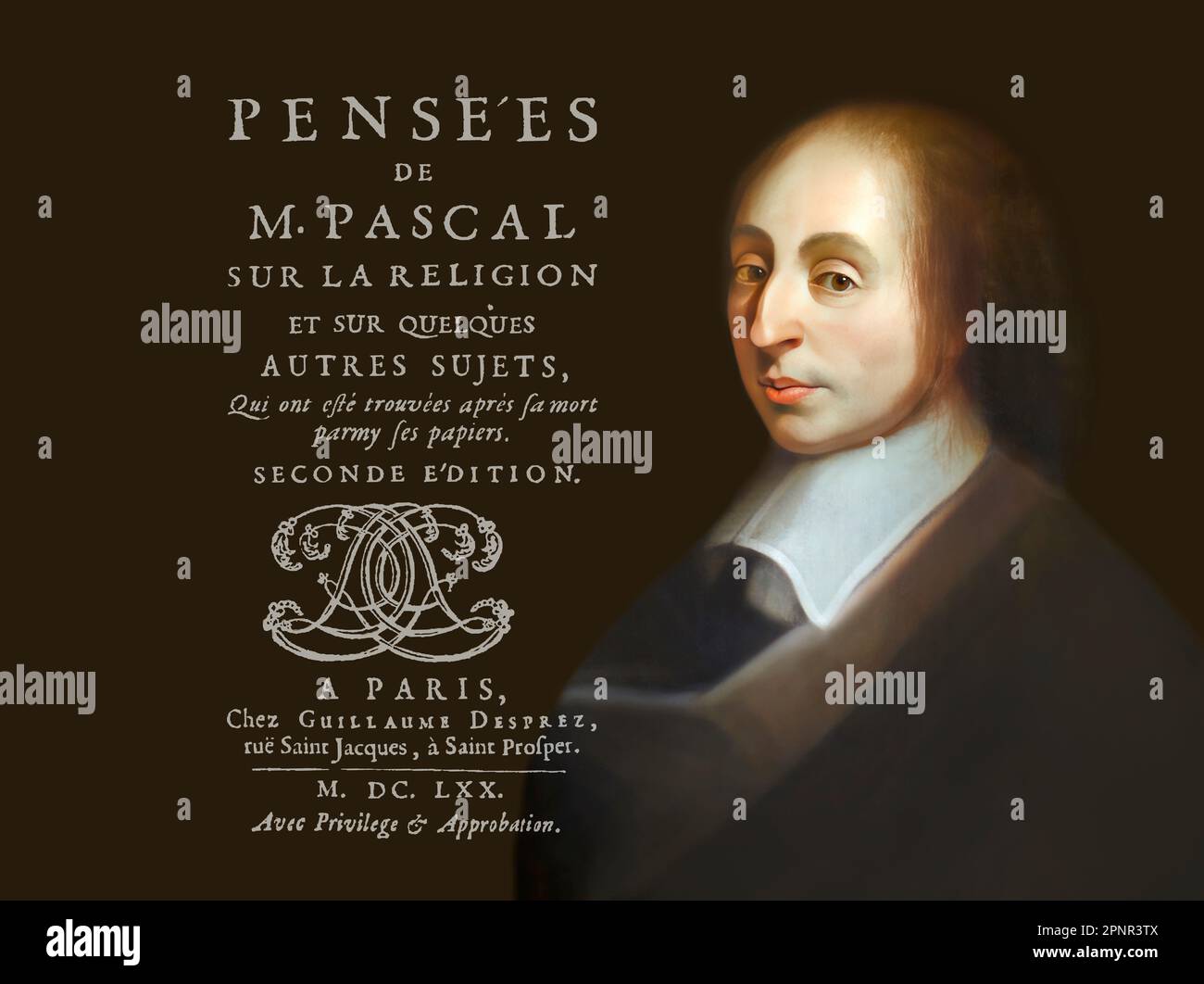 Portrait de Blaise Pascal, titre des pensées de M. Pascal sur la religion et sur d'autres sujets, Pensées de M. Pascal sur la religion et sur quelques autres sujets, 1670 Banque D'Images