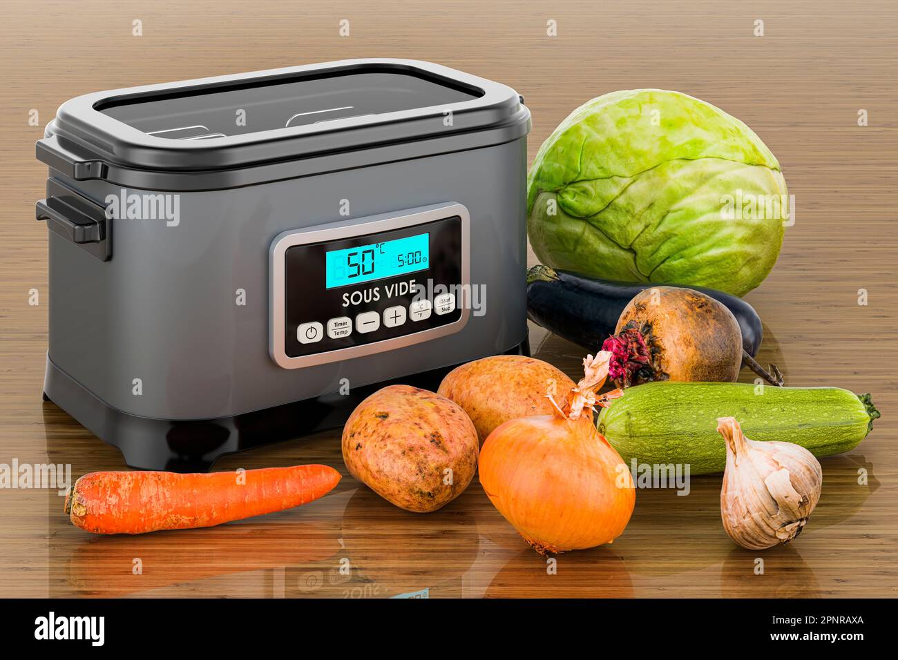 Machine sous vide avec légumes sur la table en bois. 3D rendu Banque D'Images