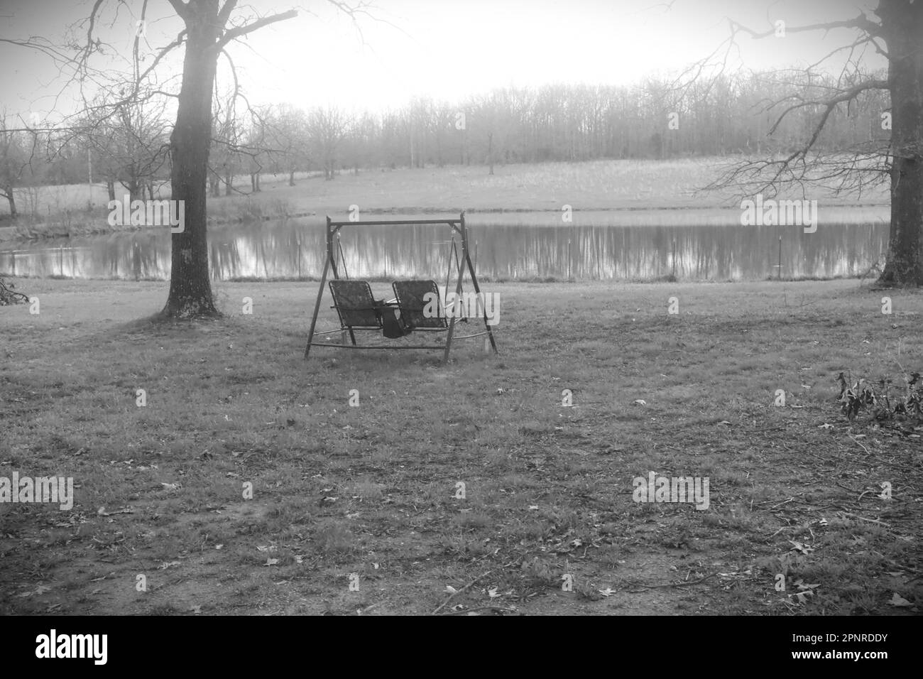 Une balançoire de couleur camouflage se trouve dans la cour près d'un étang, un endroit relaxant pour s'asseoir et profiter de la journée. Image en noir et blanc. NB Banque D'Images