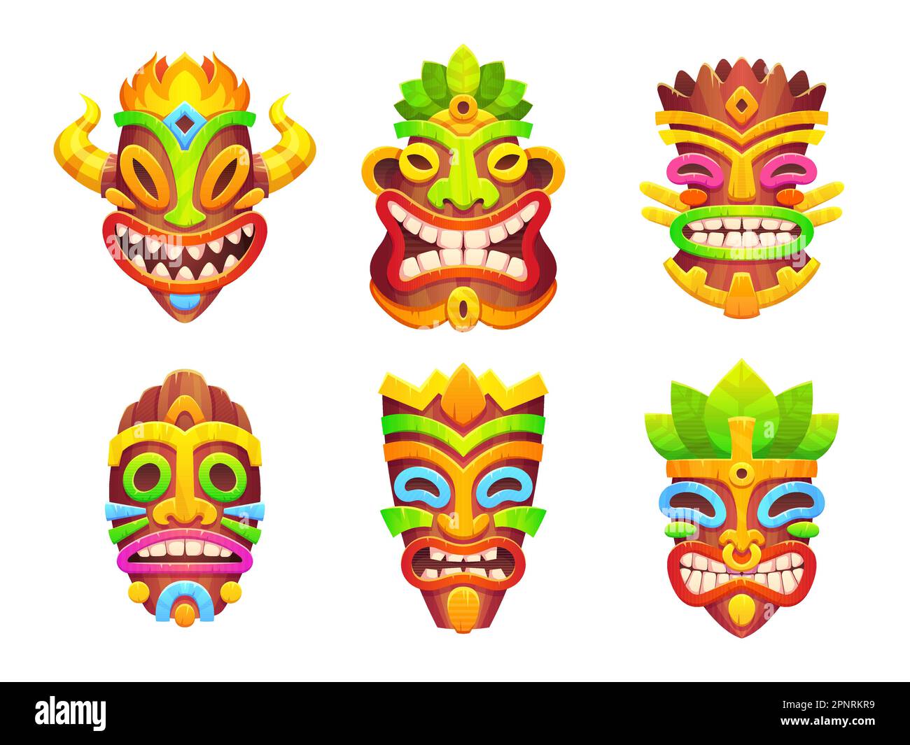 Masques Tiki, totem tribal hawaïen. Visages de statues de dieu africain ou polynésien. Masques tikki traditionnels en bois avec sourires et décoration isolée sur W Illustration de Vecteur