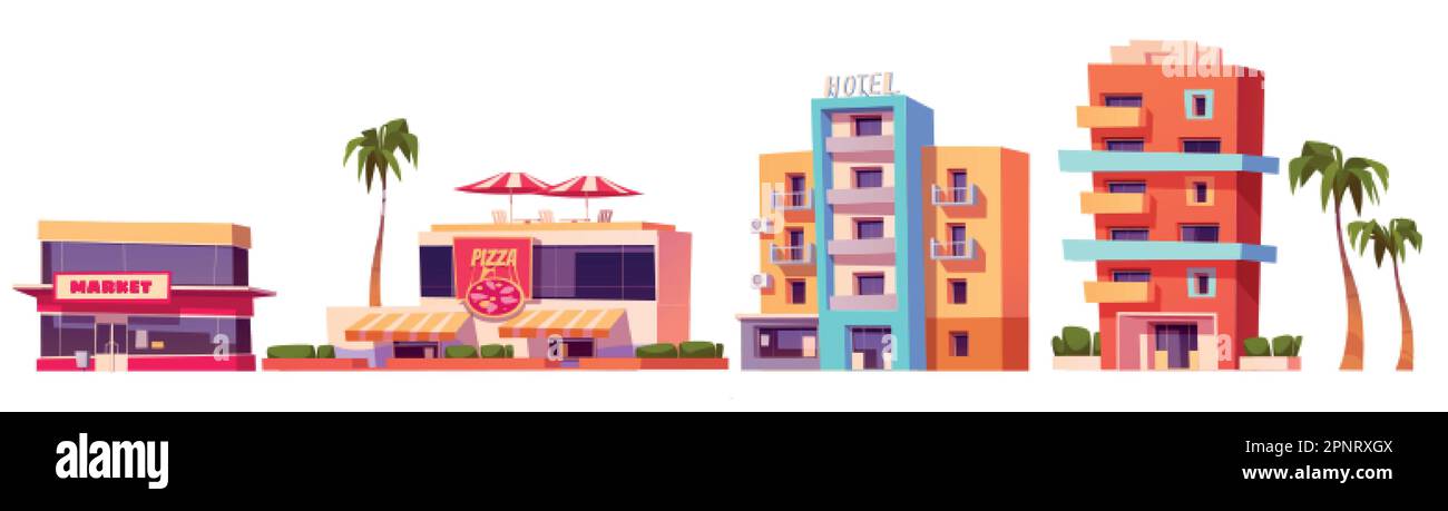 Hôtel de la rue de Miami et bâtiments du complexe. Ville de construction isolée dans l'architecture de la Floride avec motel, café et marché. Busi de Californie tropicale Illustration de Vecteur