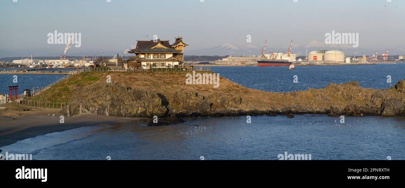 Temple de Kabushima (ou Kabushima Jinja) avec des troupeaux de seagulles à Hachinohe, préfecture d'Aomori, Japon, vu d'un train sur la ligne Hachinohe. Banque D'Images