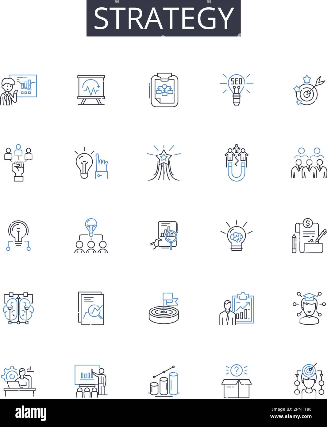 Collection d'icônes de ligne de stratégie. Plan, tactique, approche, Schéma, Plan directeur, Méthode, vecteur de procédure et illustration linéaire. Manœuvre, Agenda, Plan de jeu Illustration de Vecteur
