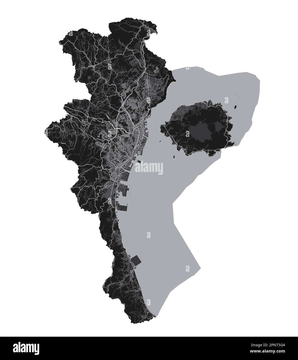 Carte Kagoshima. Carte vectorielle détaillée de la zone administrative de la ville de Kagoshima. Vue sur l'aria métropolitain avec affiche CityScape. Terre noire avec routes blanches et ave Illustration de Vecteur