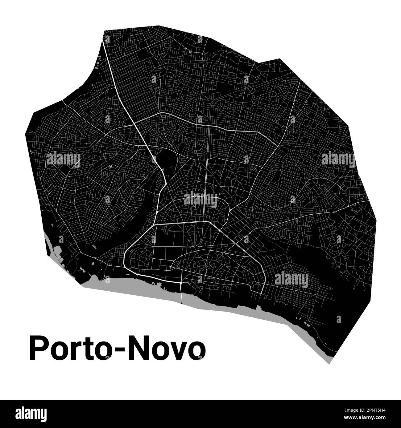 Porto-Novo, Bénin carte. Carte détaillée noire du quartier administratif de Porto-Novo. Vue sur l'aria métropolitain avec affiche CityScape. Terre noire avec routes blanches Illustration de Vecteur