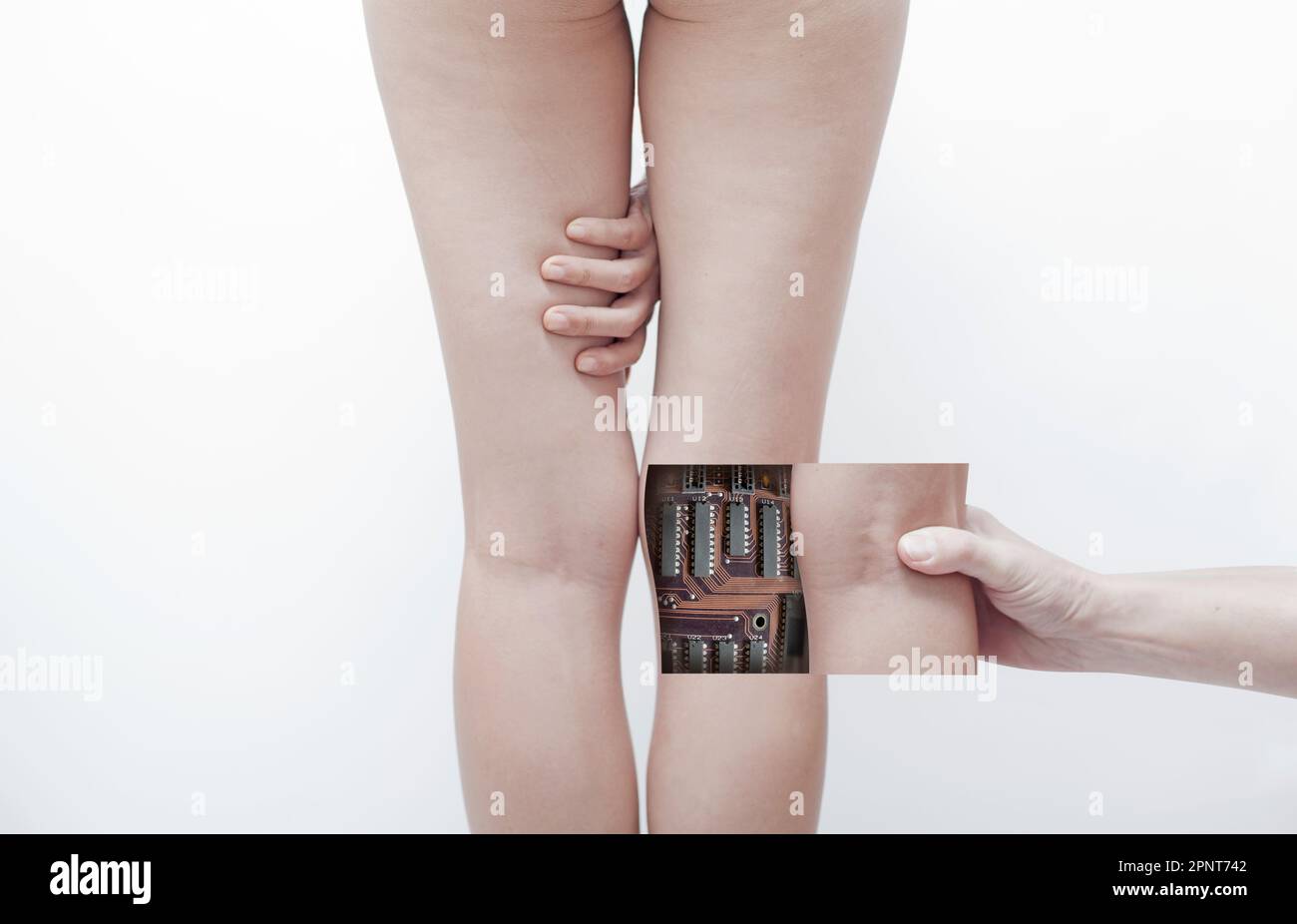 Main exposant réseau mécanique derrière le genou de cyborg femelle Banque D'Images