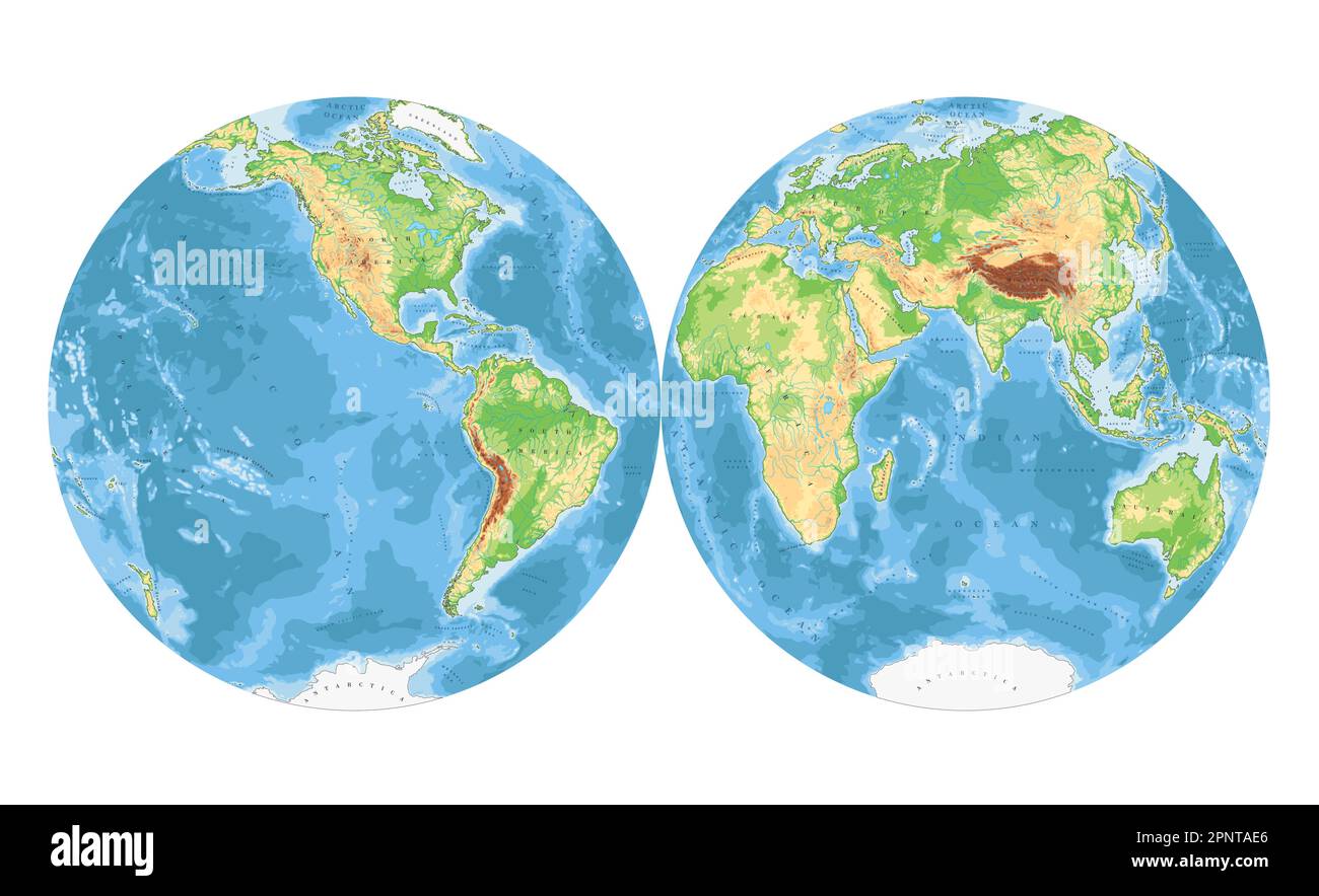 Carte du monde physique très détaillée en forme de globe terrestre. Projection globulaire Nicolosi – plate. Illustration de Vecteur