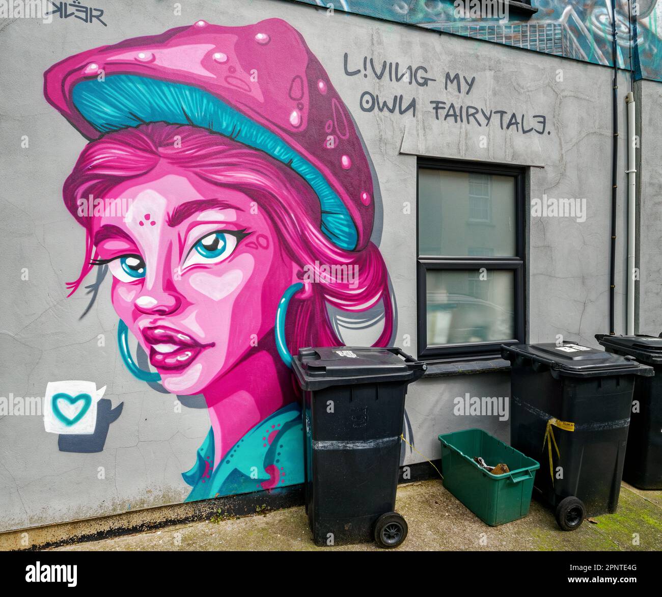 Scène de rue à Bristol au Royaume-Uni avec des graffitis humoristiques ordonnant une ligne rêveuse de poubelles Banque D'Images