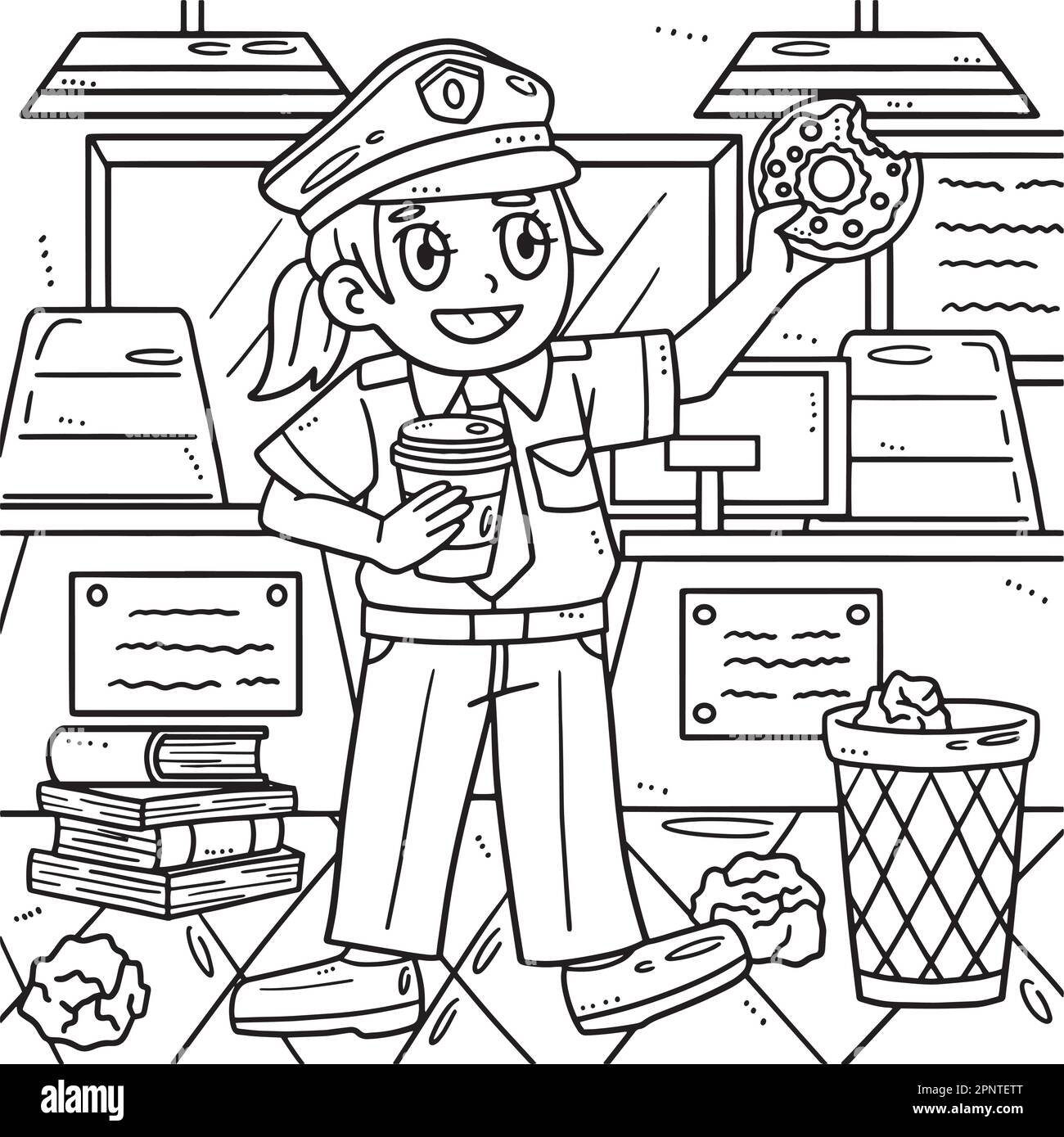 Police de la fête du travail ayant une page de coloriage de pause-café Illustration de Vecteur