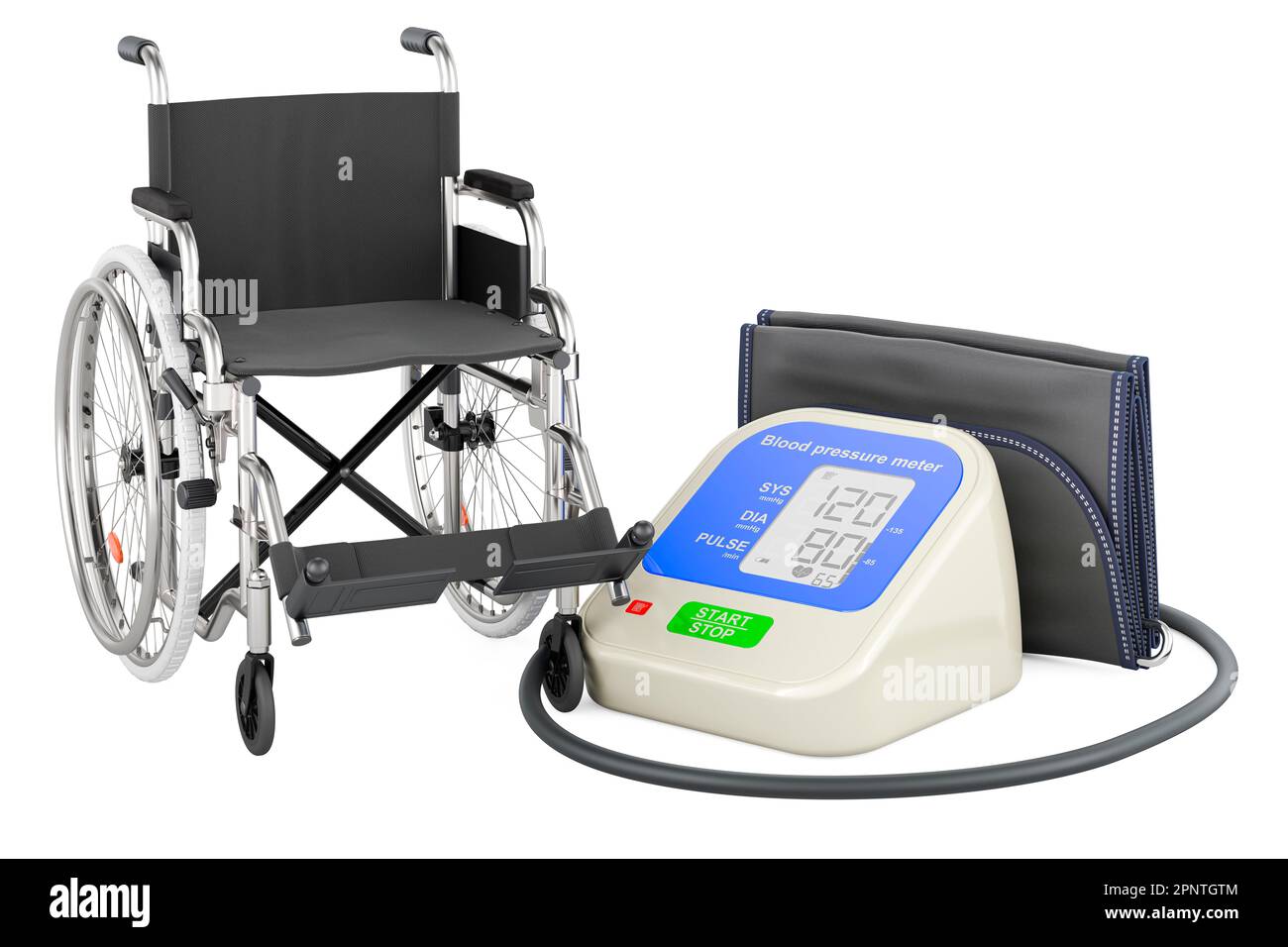 Moniteur de pression artérielle numérique automatique avec fauteuil roulant manuel. 3D rendu isolé sur fond blanc Banque D'Images
