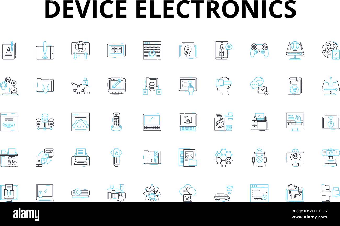 Ensemble d'icônes linéaires de l'électronique du périphérique. Smartph, tablette, ordinateur portable, ordinateur, moniteur, Clavier, symboles vectoriels de la souris et symboles de concept de ligne. Imprimante Illustration de Vecteur