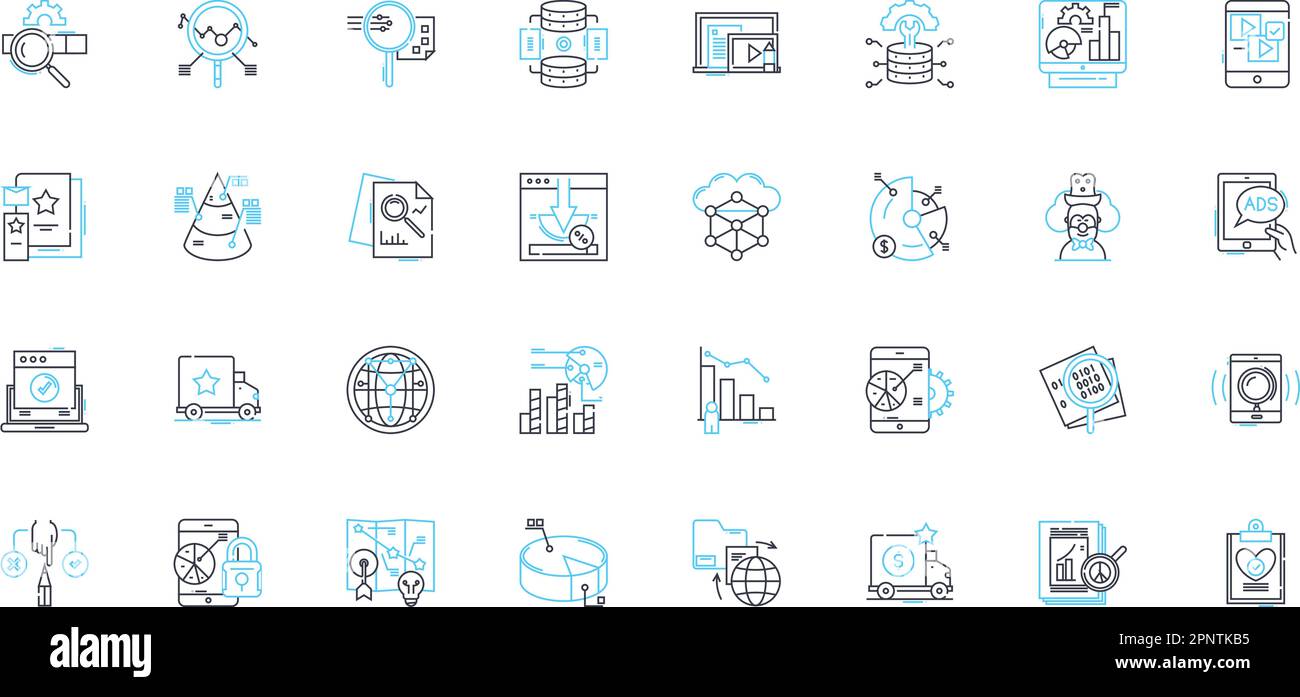 Ensemble d'icônes linéaires d'analyse des médias sociaux. Engagement, mesures, sentiment, viralité, réflexions, Surveillance, vecteur de la ligne de réputation et signes conceptuels Illustration de Vecteur