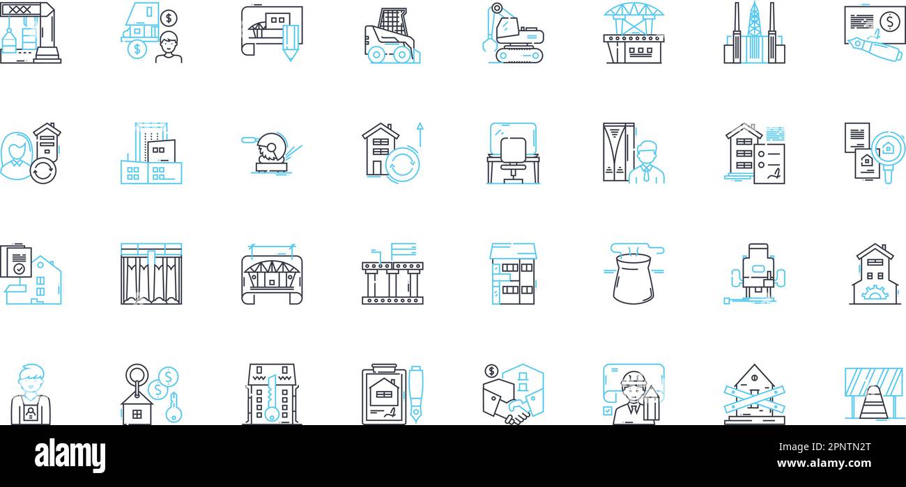 Jeu d'icônes linéaires de construction municipale. Infrastructure, développement, urbanisation, planification, Ingénierie, Construction, vecteur de ligne de reconstruction et Illustration de Vecteur