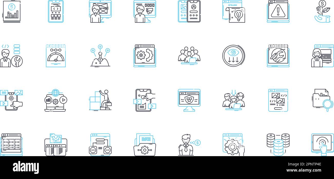 Ensemble d'icônes linéaires de développement mobile. Android, iOS, Cross-Platform, Swift, Kotlin, Flutter, vecteur de ligne ReactNative et signes de concept. Xamarin, PhGap Illustration de Vecteur