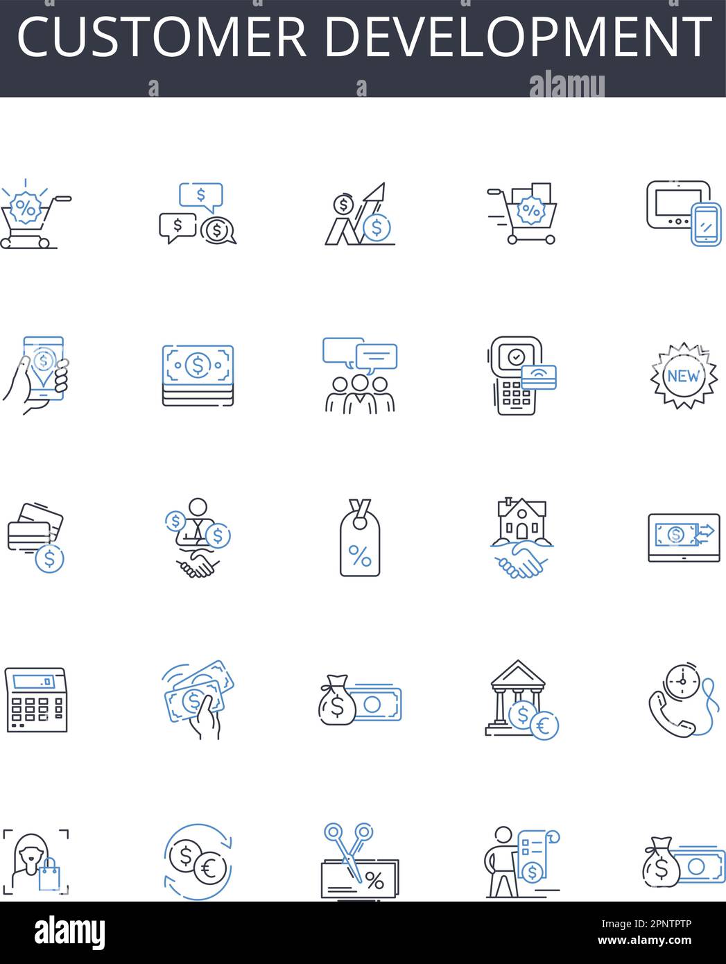 Collection d'icônes de ligne de développement client. Croissance des ventes, création d'équipes, innovation produit, stratégie de marquage, recherche marketing, Marché Illustration de Vecteur