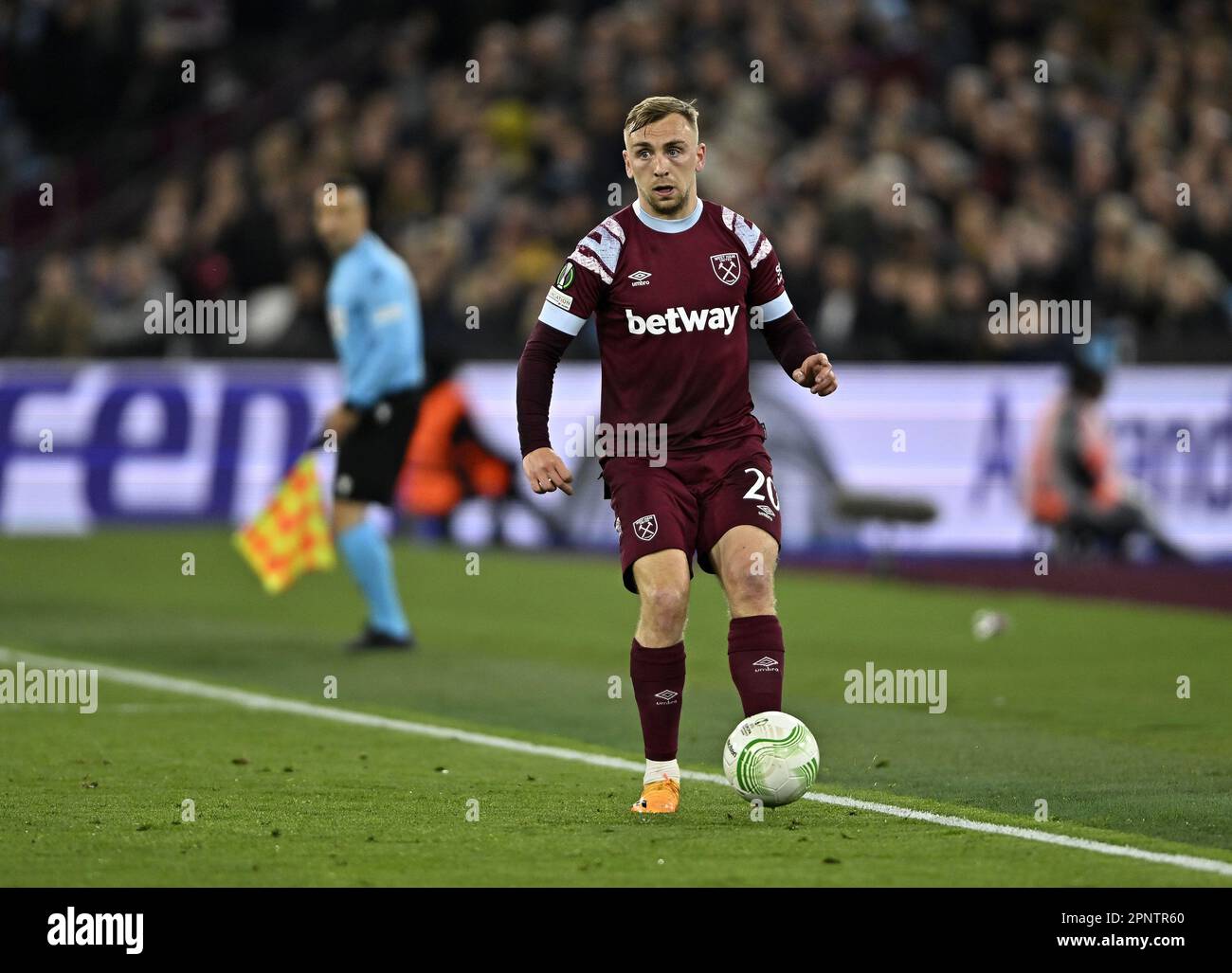 Londres, Royaume-Uni. 20th avril 2023. Jarrod Bowen (West Ham) lors du match de la Ligue de conférence de West Ham contre KAA Gent UEFA Europa au London Stadium Stratford. Crédit : MARTIN DALTON/Alay Live News Banque D'Images