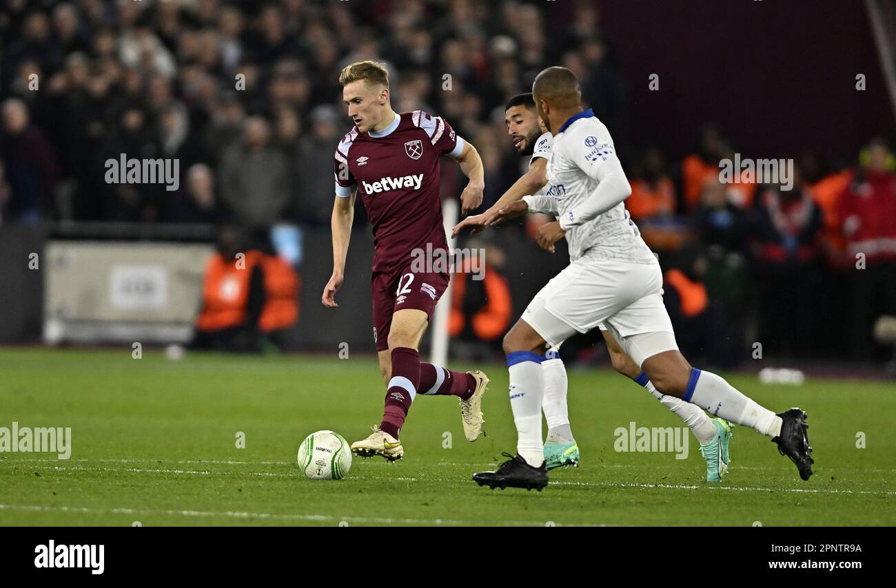 Londres, Royaume-Uni. 20th avril 2023. Flynn Downes (West Ham) lors du match de la Ligue de conférence de West Ham contre KAA Gent UEFA Europa au stade de Londres Stratford. Crédit : MARTIN DALTON/Alay Live News Banque D'Images