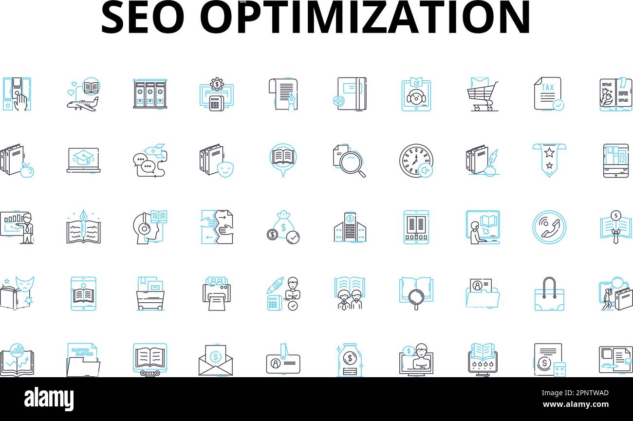 Ensemble d'icônes linéaires d'optimisation SEO. Mots-clés, organique, classement, trafic, algorithme, Liens arrière, symboles vectoriels SERP et signes de concept de ligne. Méta-balises Illustration de Vecteur