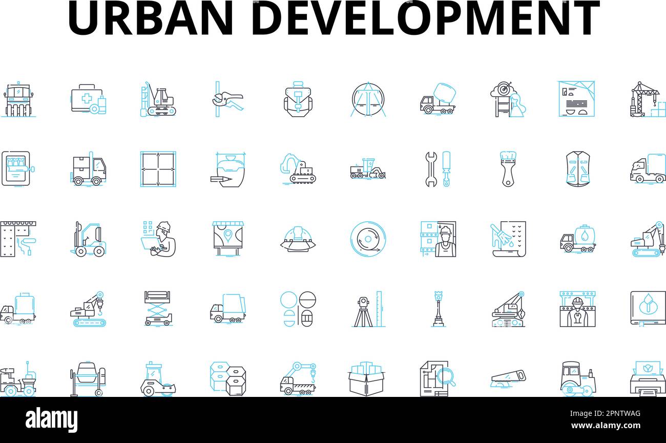 Ensemble d'icônes linéaires pour le développement urbain. Gentrification, redéveloppement, densité, infrastructure, zonage, Étalement, symboles vectoriels de revitalisation et ligne Illustration de Vecteur