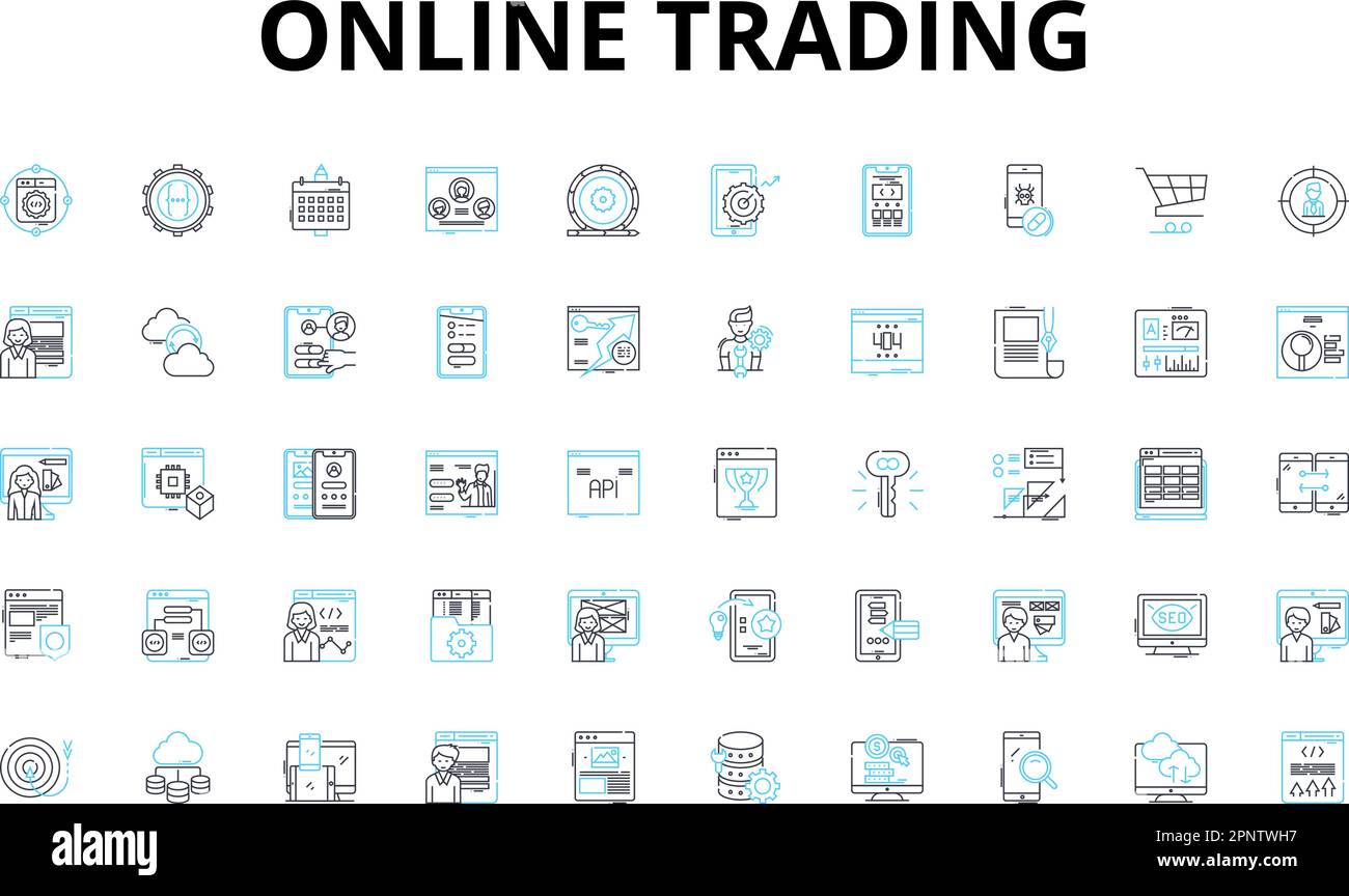 Jeu d'icônes linéaires de trading en ligne. Actions, Forex, crypto-monnaie, Options, futures, Courtage, symboles de vecteur de négociation et panneaux de concept de ligne Illustration de Vecteur