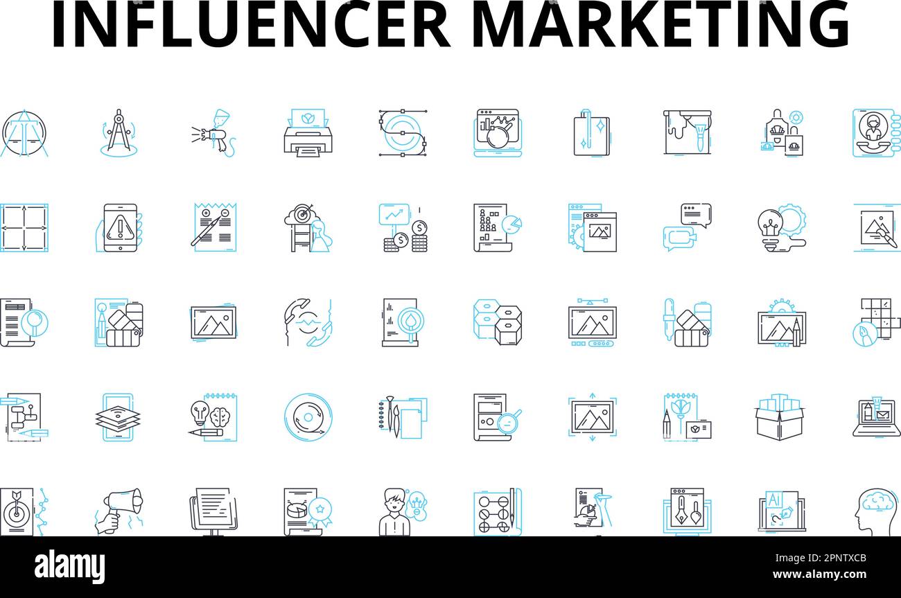 Jeu d'icônes linéaires de marketing d'influenceur. Influence, engagement, collaboration, marquage, médias sociaux, Stratégie, symboles vectoriels de nerf et concept de ligne Illustration de Vecteur