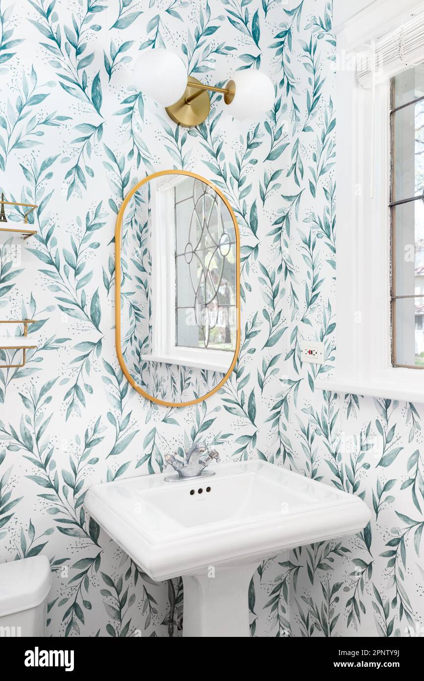 Un détail de lavabo de salle de bain avec un lavabo sur pied blanc, papier peint à motif floral, et un luminaire en or. Banque D'Images