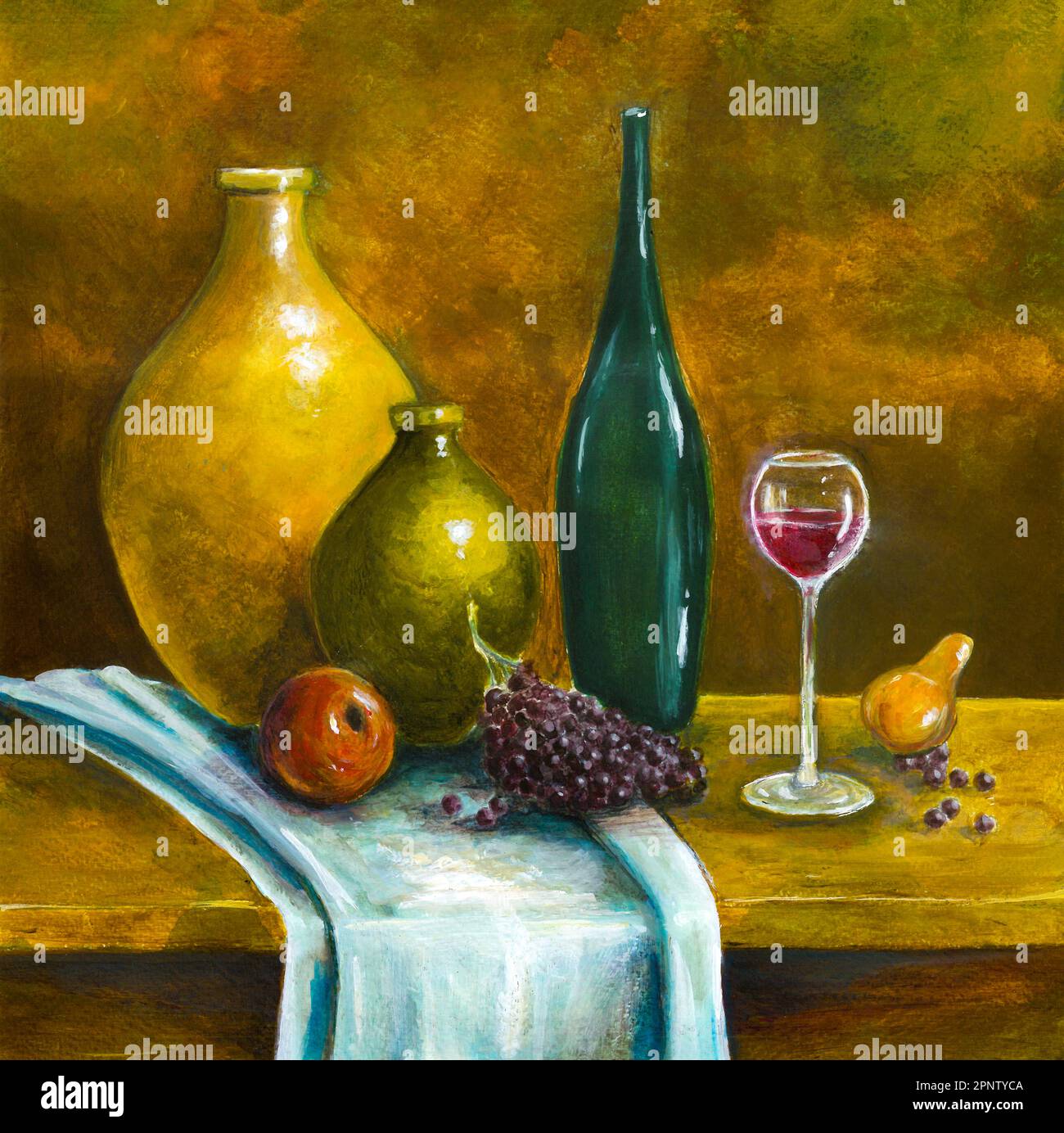 Peinture acrylique encore à vie. Des cruches à vin, une bouteille de vin, un verre et des fruits sont sur une table en bois. Banque D'Images