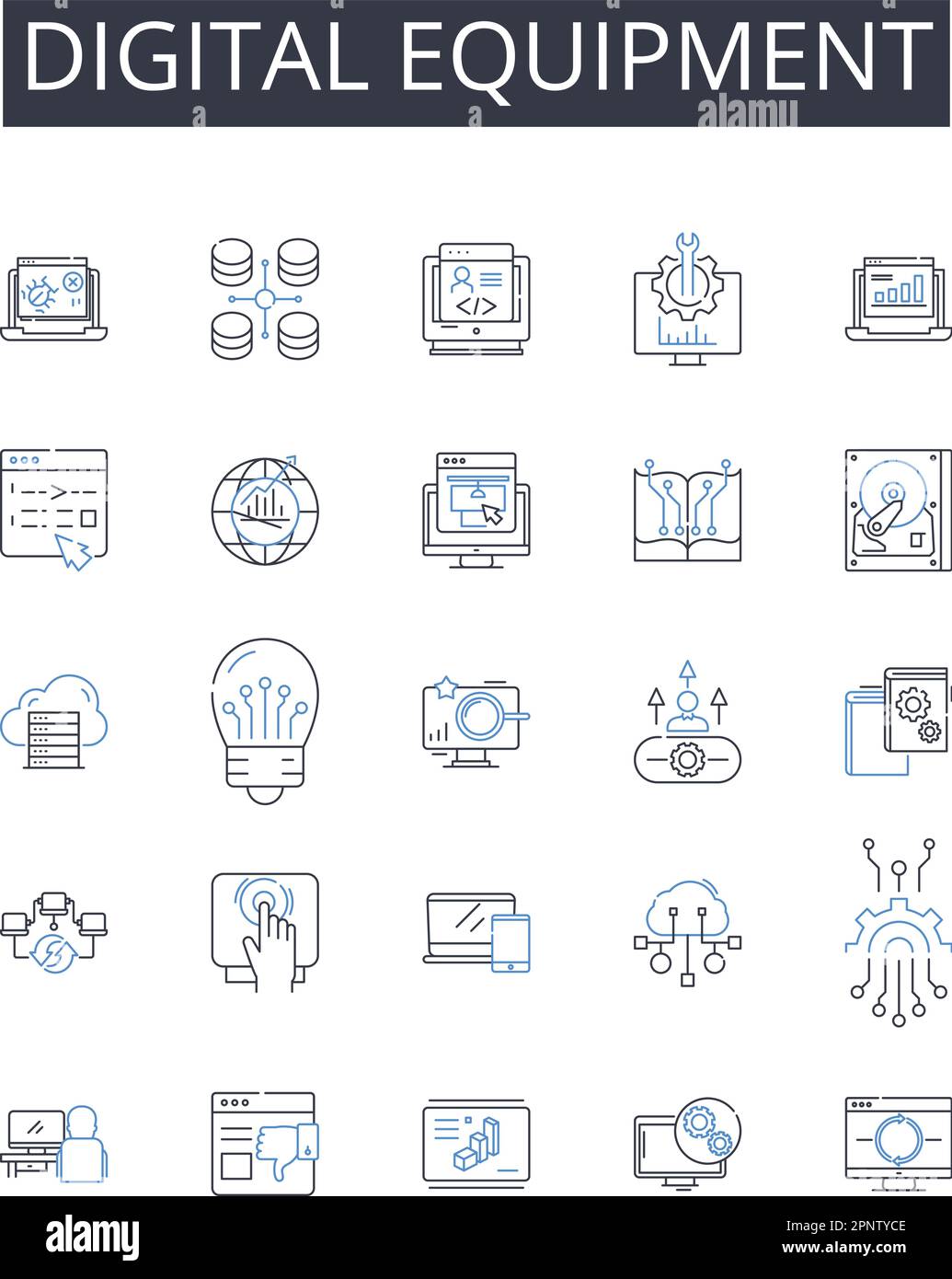 Collection d'icônes de ligne d'équipement numérique. Smartph, tablette, ordinateur portable, ordinateur de bureau, SmartWatch, Têtes, oreillettes vectorielles et illustration linéaire. Haut-parleur Illustration de Vecteur