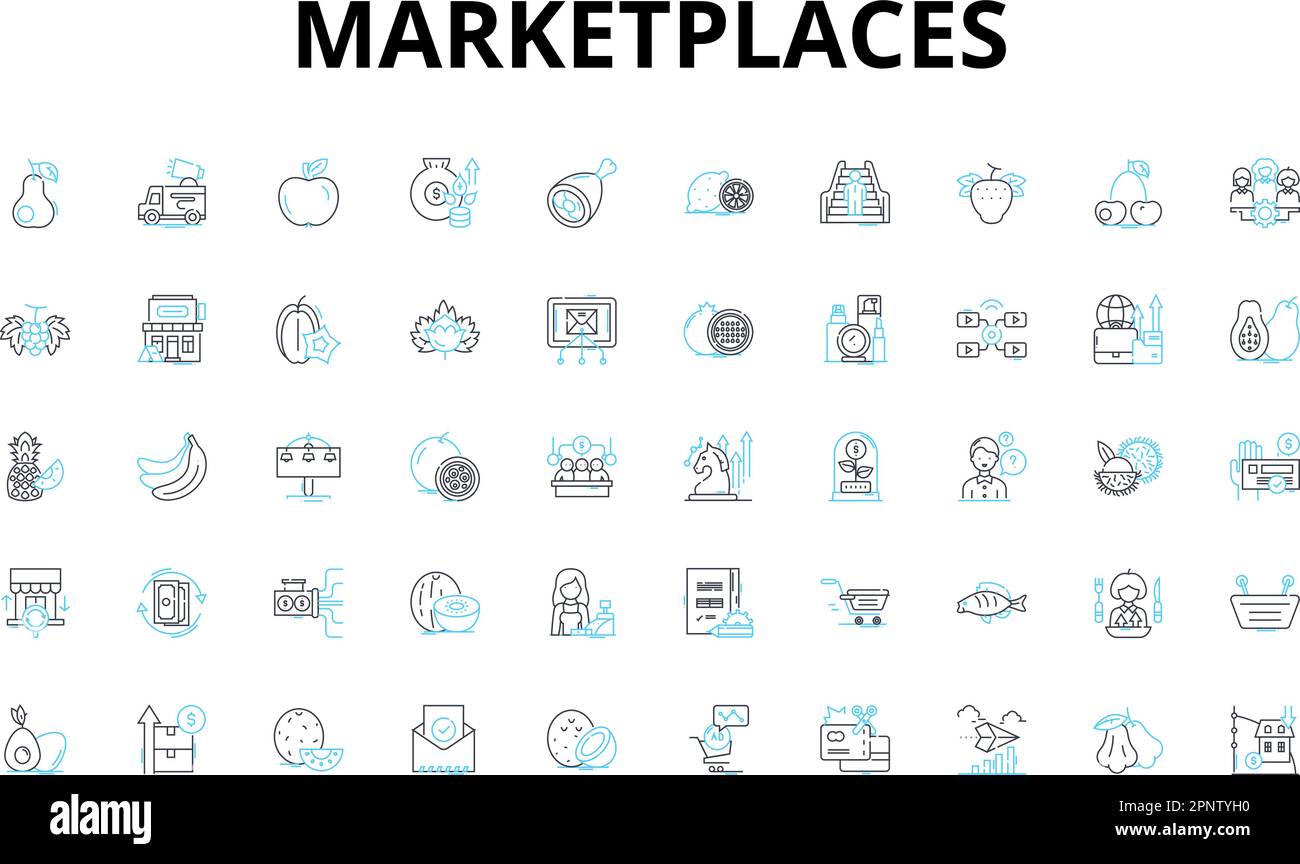 Ensemble d'icônes linéaires Marketplaces. E-commerce, enchères, enchères, négociation, en ligne, Les symboles vectoriels de vente au détail et de vente en gros et les affiches de concept de ligne. Plate-forme Illustration de Vecteur
