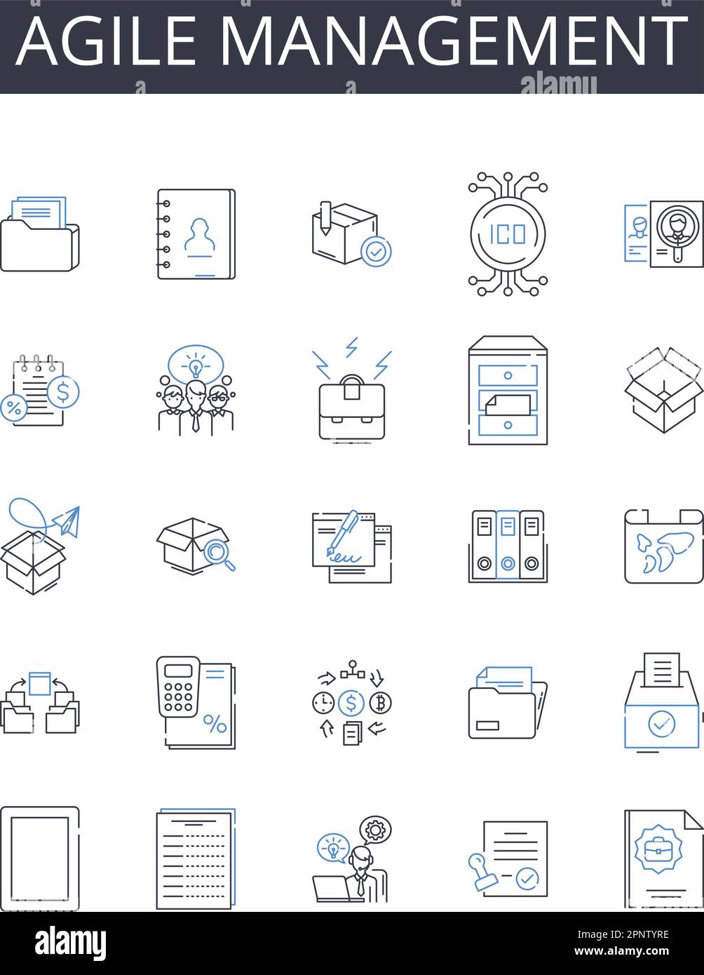 Collection d'icônes de ligne de gestion agile. Leadership Lean, planification dynamique, stratégie adaptative, approche proactive, travail d'équipe intégré, Créatif Illustration de Vecteur