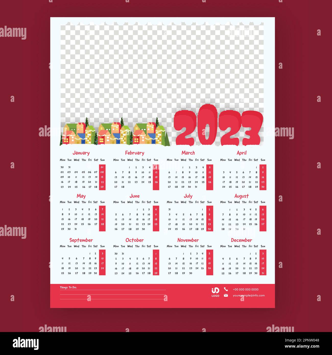 12 mois, modèle de calendrier mural 2023 avec espace pour message ou image sur fond rouge. Illustration de Vecteur