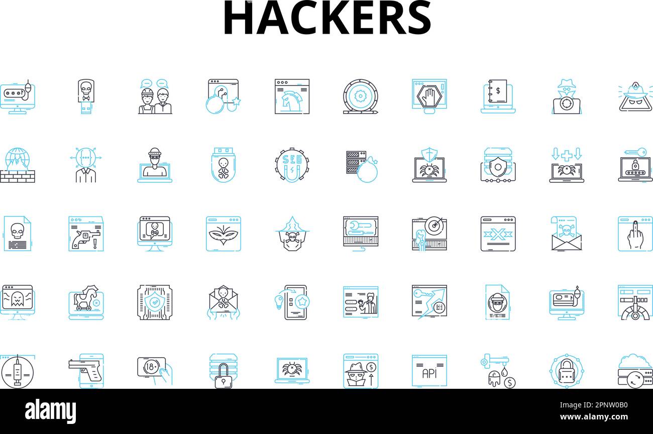 Ensemble d'icônes linéaires de hackers. Cybercriminels, intrus, crackers, Hacktivistes, Black Hats, Chapeaux blancs, symboles vectoriels Rogue et panneaux de concept de ligne. Espions Illustration de Vecteur