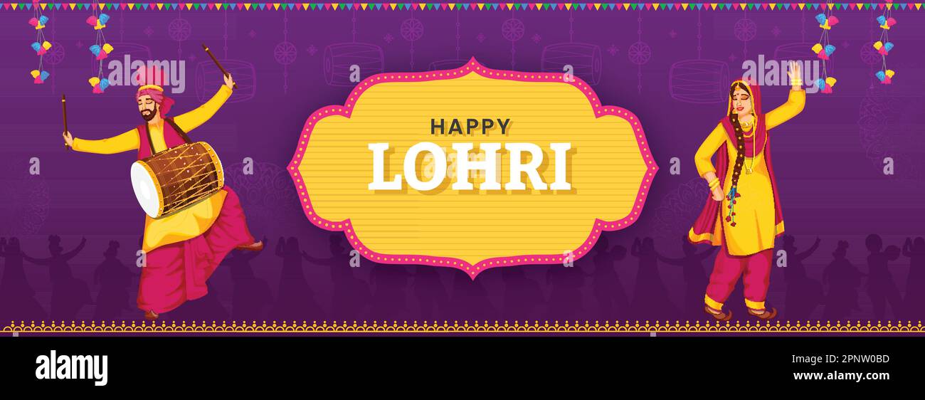 Happy Lohri font sur cadre Vintage avec Punjabi Homme jouant Dhol et femme faisant Bhangra sur fond violet. Illustration de Vecteur