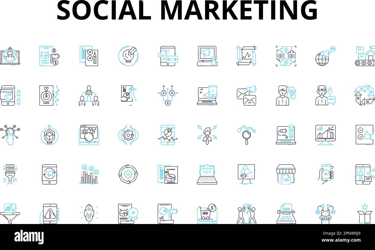 Jeu d'icônes linéaires de marketing social. Sensibilisation, engagement, influence, persuasion, virale, Partageables, symboles vectoriels de marquage et signes de concept de ligne Illustration de Vecteur